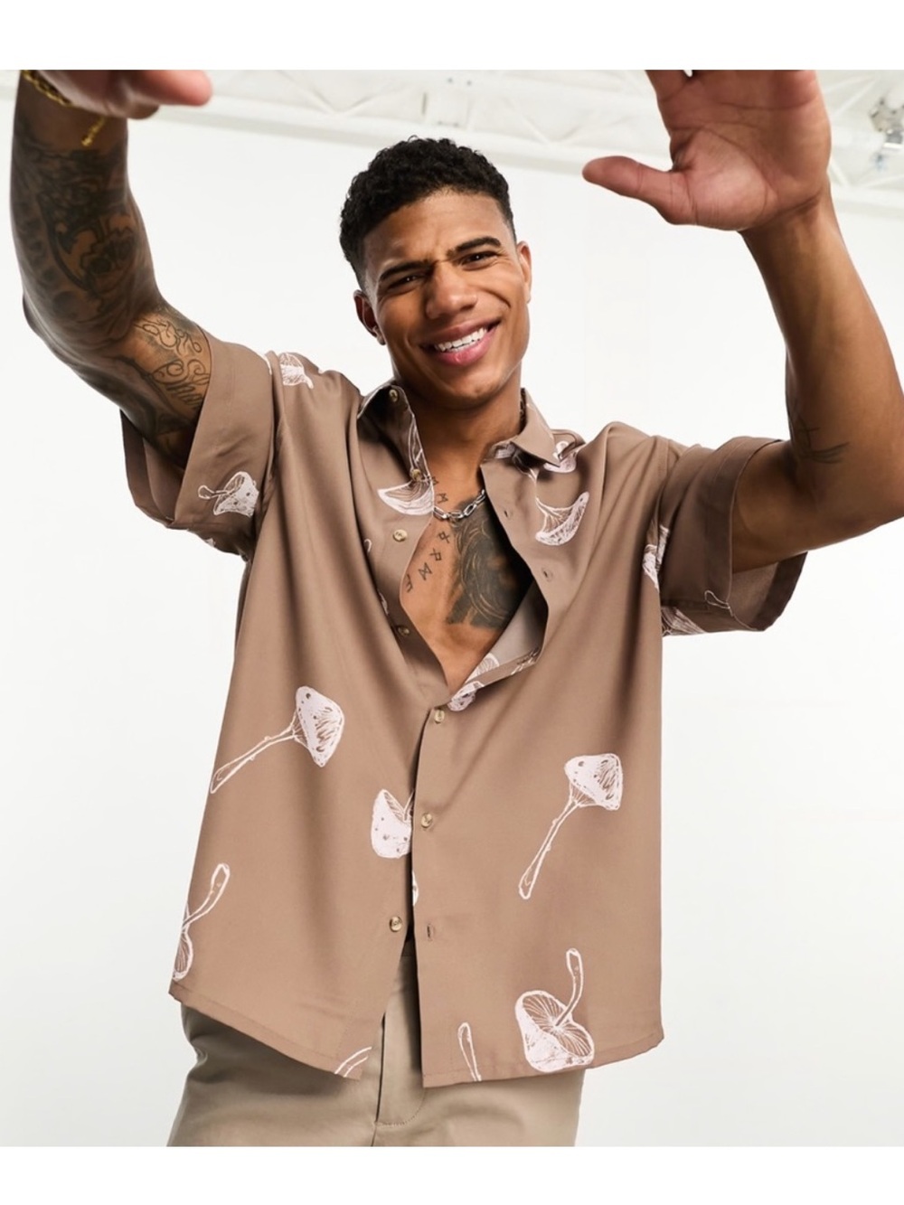 ASOS Design Boxy Oversized Button Up Shirt in Brown/ Mushroom Print